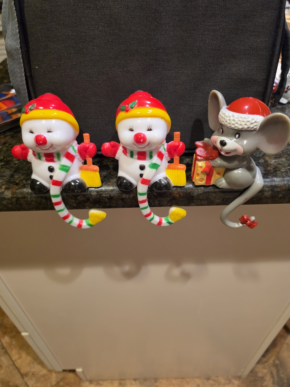 set of vintage 1985 hard plastic snowman & Mouse Christmas stocking holders
